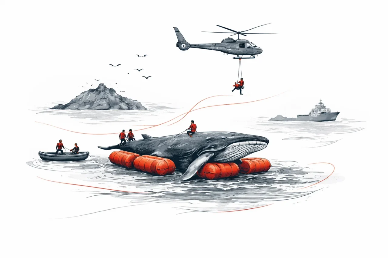 Спасение горбатого кита у острова Поэль: план транспортировки