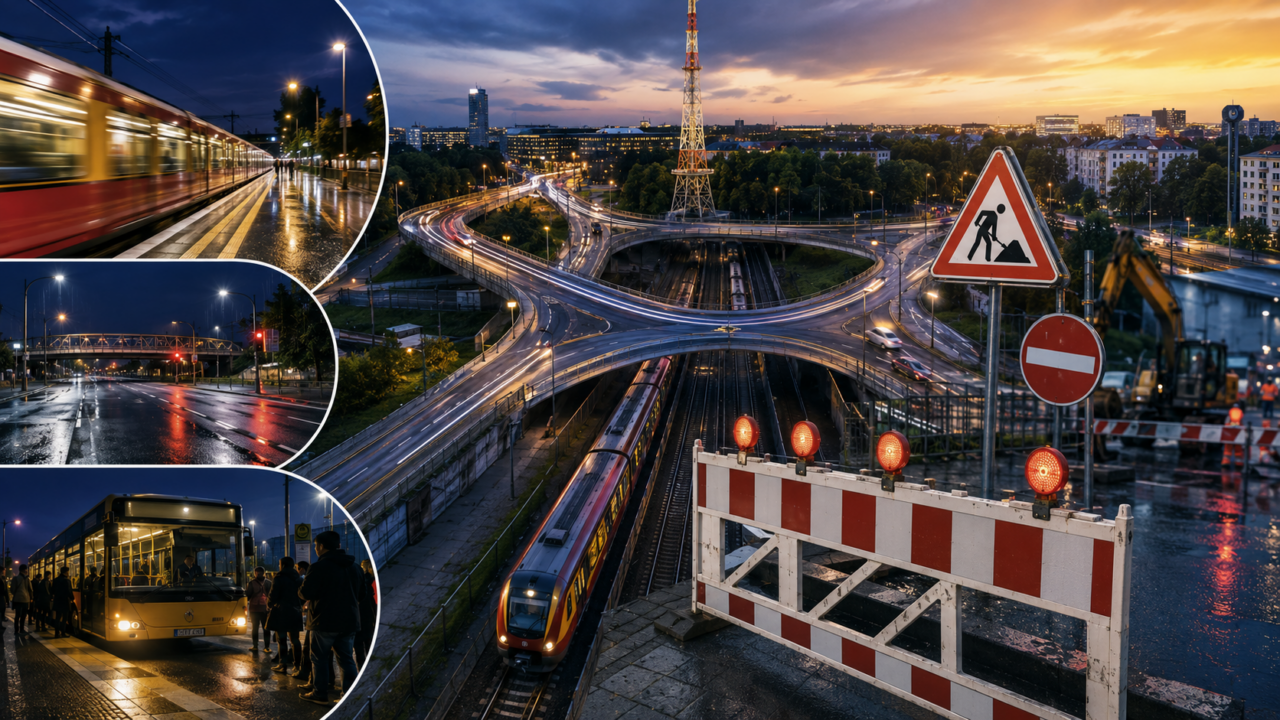 Dreieck Funkturm в Берлине частично перекроют на 26 часов. S41, S42 и S46 не ходят между Halensee и Westend. Точные часы, объезды A100 и A115, Ersatzverkehr и изменения автобусов.